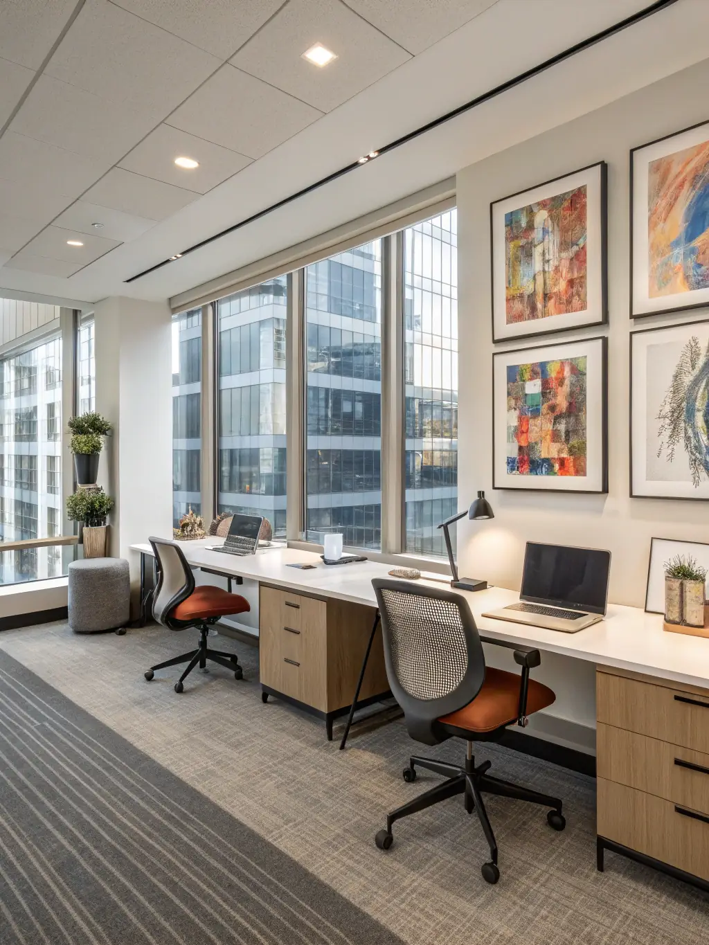 A modern office space with open floor plan, collaborative areas, and large windows providing ample natural light, showcasing the ideal commercial property for Kindred Realtors.